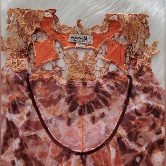 One World Embroydered Graphic Halter Tank Top Orange And Brown Print Size L - Picture 5 of 8